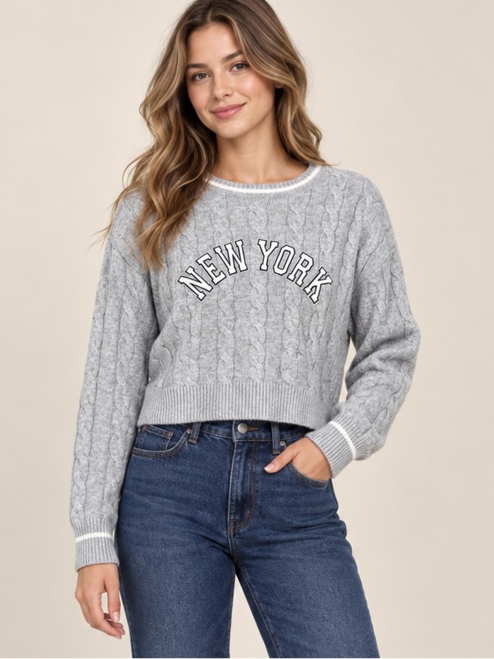 No Boundaries Gray New York Cable Knit Cropped Sweater Size Small